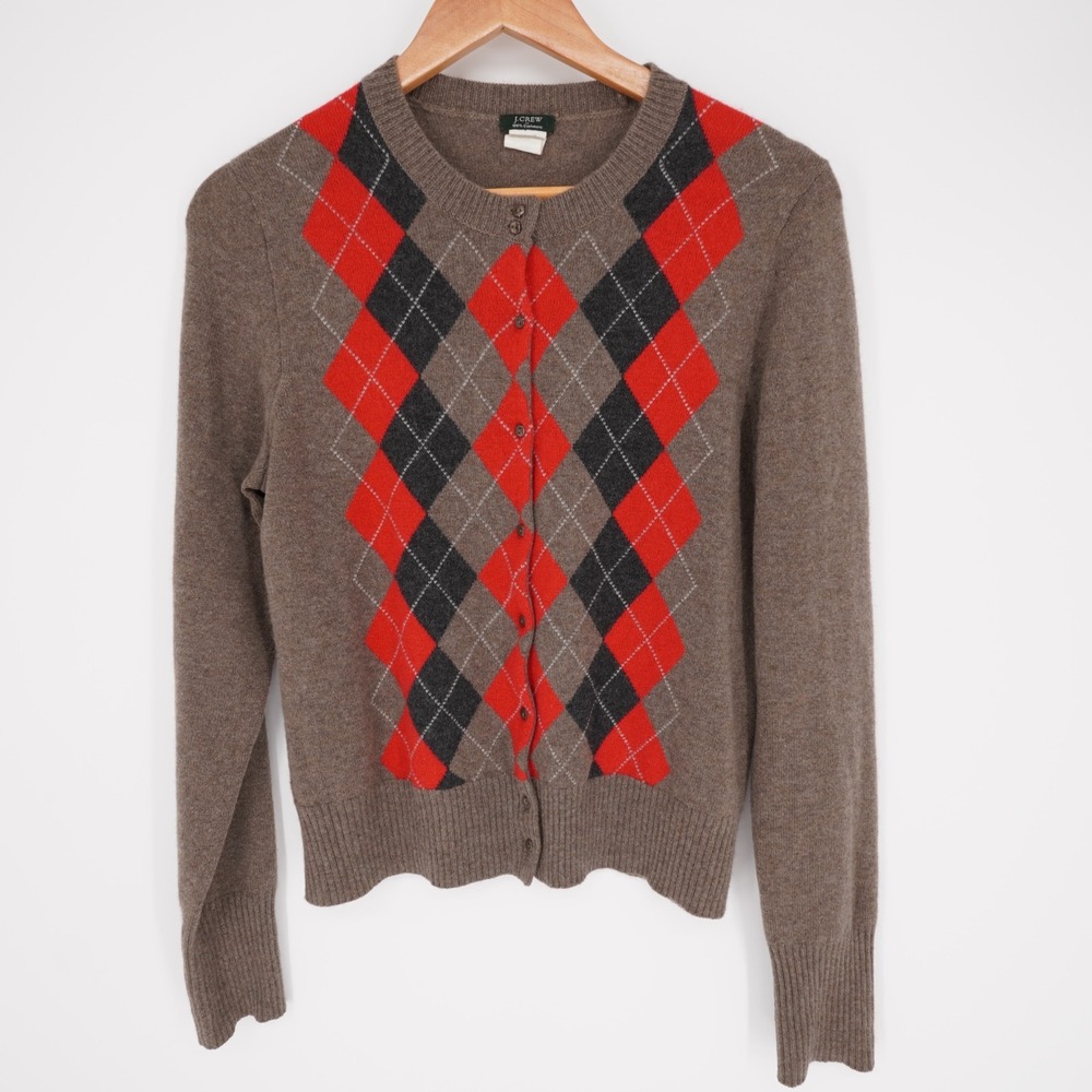 J Crew 100% Cashmere Cardigan Sweater Womens M Brown Argyle Preppy Academia